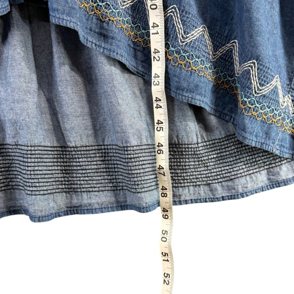 Red + Olive Denim Shirt Dress Women M Blue Belted Embroidered Hi Lo Boho Western - Picture 6 of 14